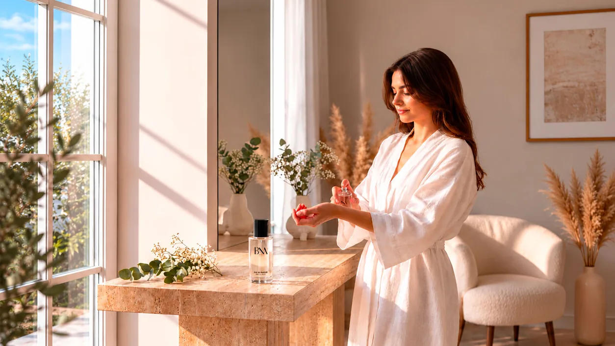 Una donna prova una fragranza BNA del catalogo Etna Wellness